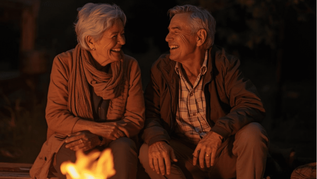 Para seniorów przy ognisku w Ośrodku Róża Wiatrów