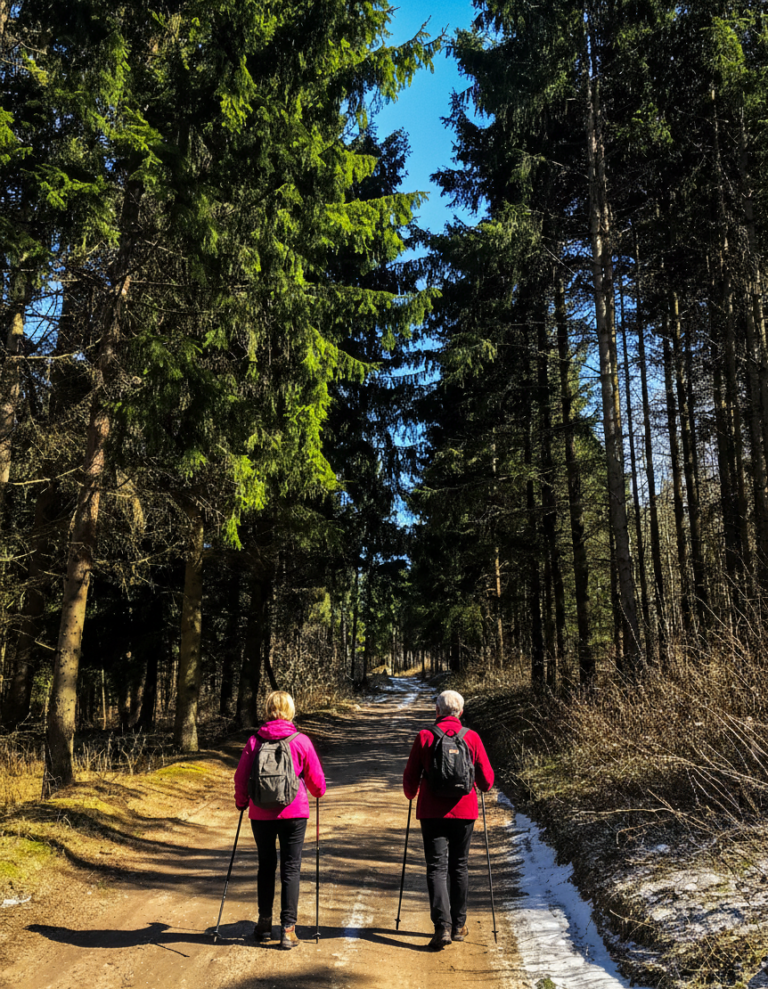 Para seniorów z kijkami trekkingowymi w lesie