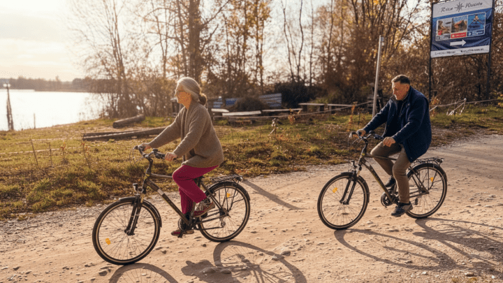 Para seniorów na rowerach nad jeziorem Święcajty